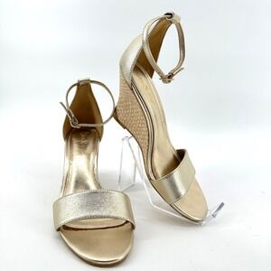 Lilly Pulitzer Wedge Sandals Womens 7.5 Gold Metallic Leather Ankle Strap